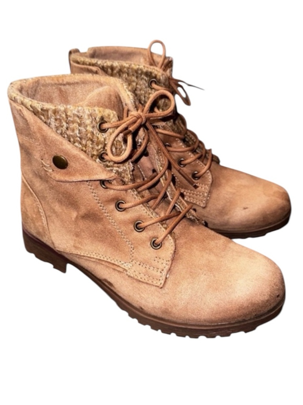 Rock & Candy Tavin Knit Cuff Lace Up Ankle Boot Taupe Beige Faux Suede Size 7.5